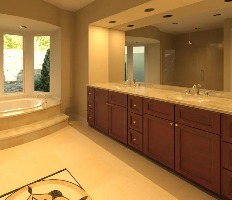 Luxurious bathroom with large vanity and tub.