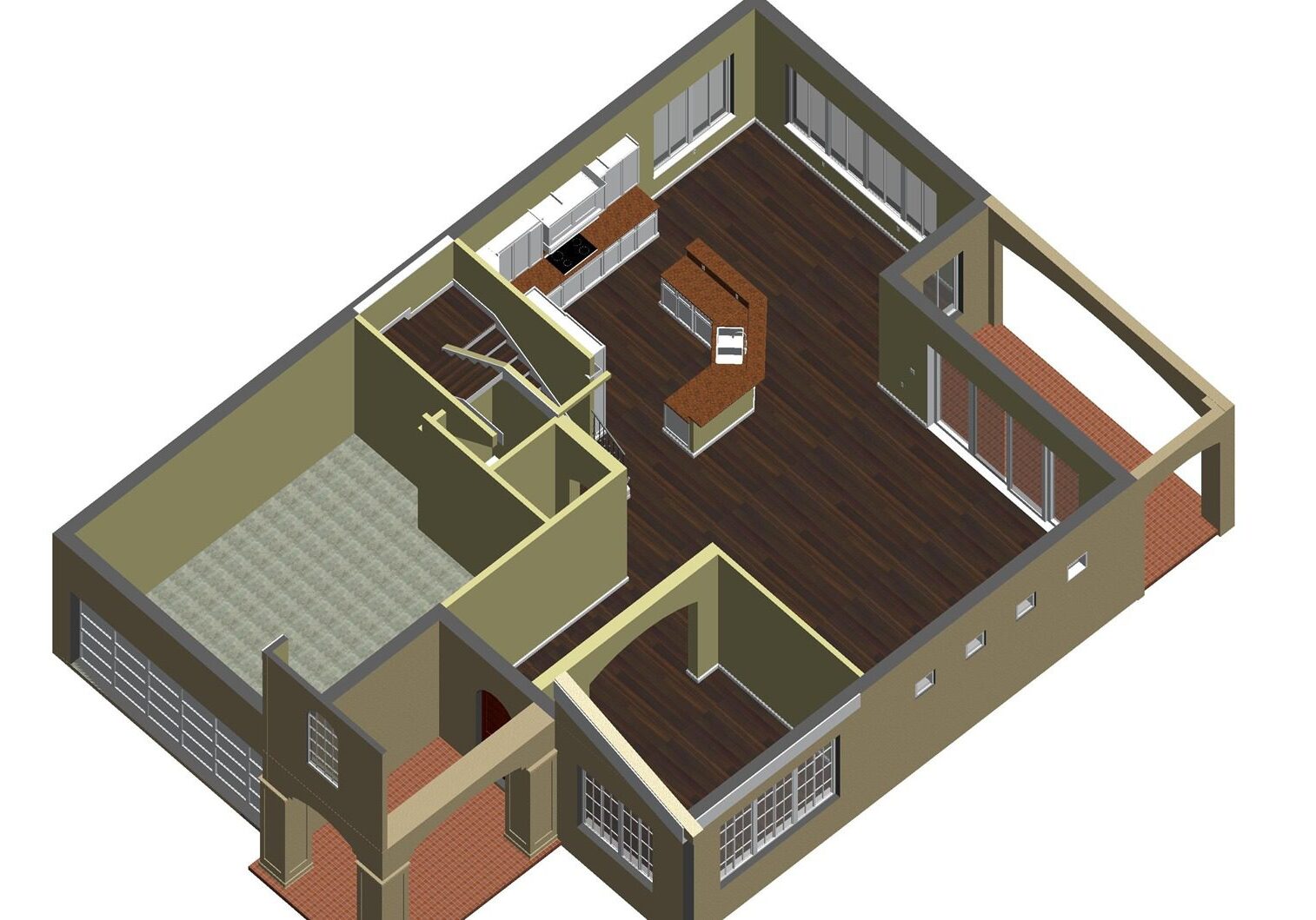 3D floor plan with kitchen and living area.