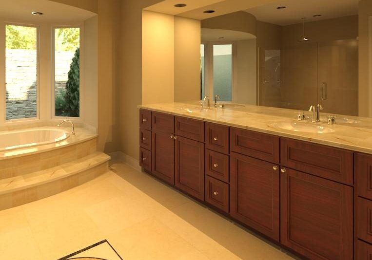 Luxurious bathroom with tub and double vanity.