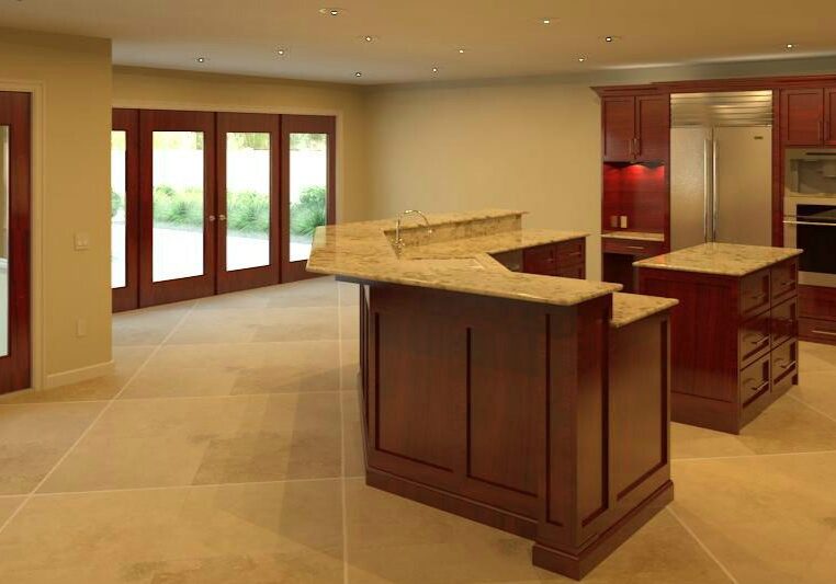 Spacious kitchen with wooden cabinets and island.